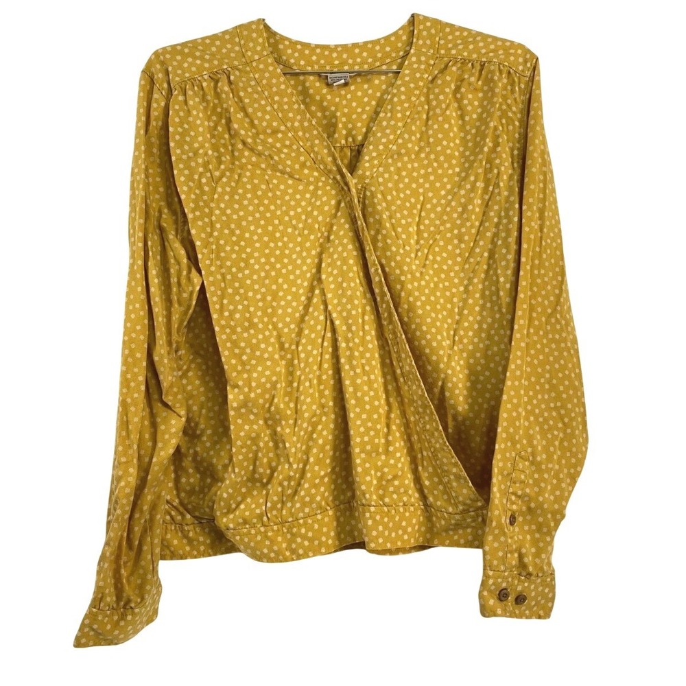 Duluth Trading Blouse Womens‎ XL Yellow Tencel Lyocell Wrap Surplice Long Sleeve